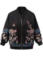 Shein Black Floral Embroidery Zipper Jacket