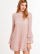 Shein Pink Keyhole Mock Neck Layered Ruffle Sleeve Lace Dress