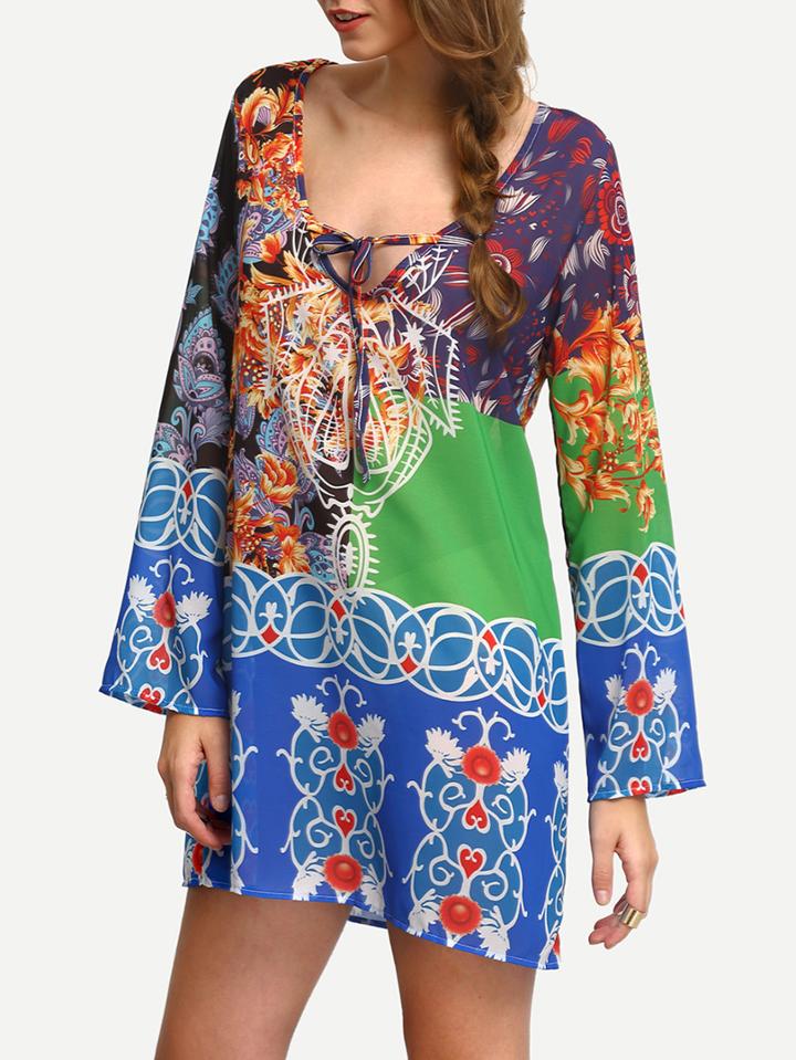 Shein Deep V Neck Florals Lace Up Shirt Dress
