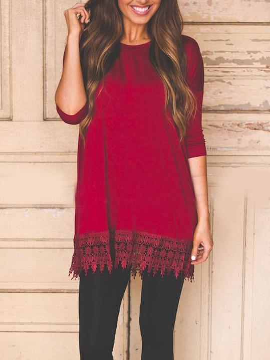 Shein Red Round Neck Lace Hem Loose Dress