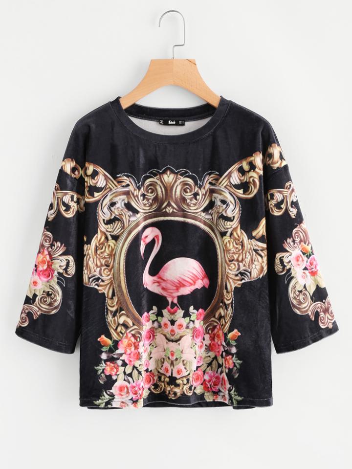 Shein Drop Shoulder Retro Print Velvet Tee