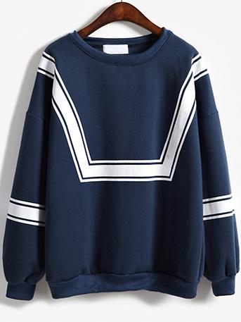 Shein Blue White Round Neck Loose Sweatshirt