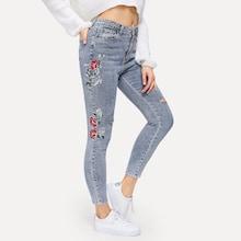 Shein Flower Embroidery Bleach-dye Jeans