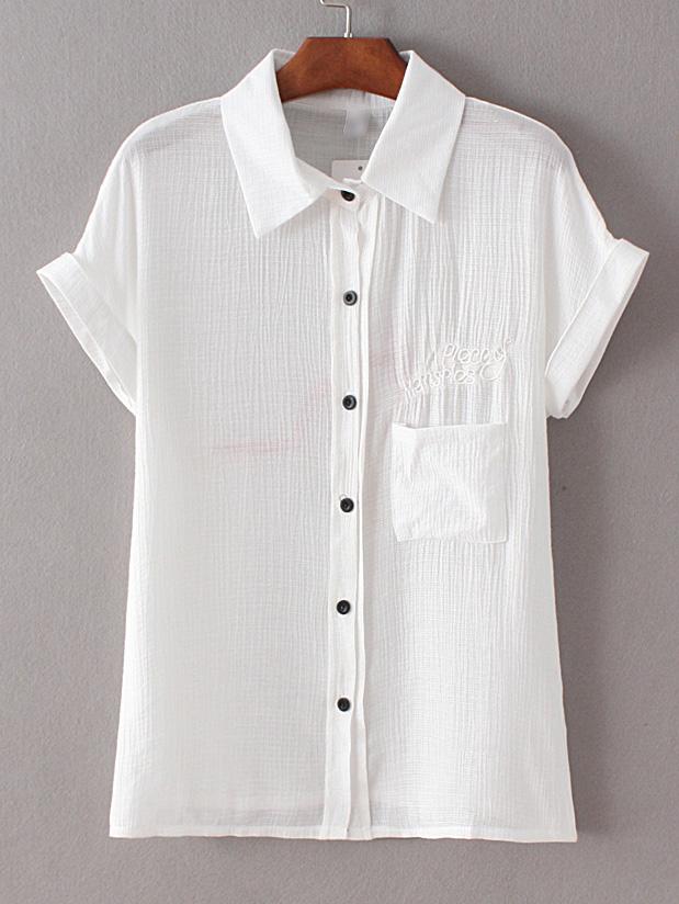 Shein White Roll-up Collar Short Sleeve Embroidered Blouse