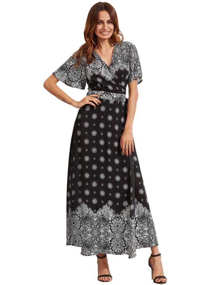 Shein Black Print V Neck Half Sleeve Split Dress