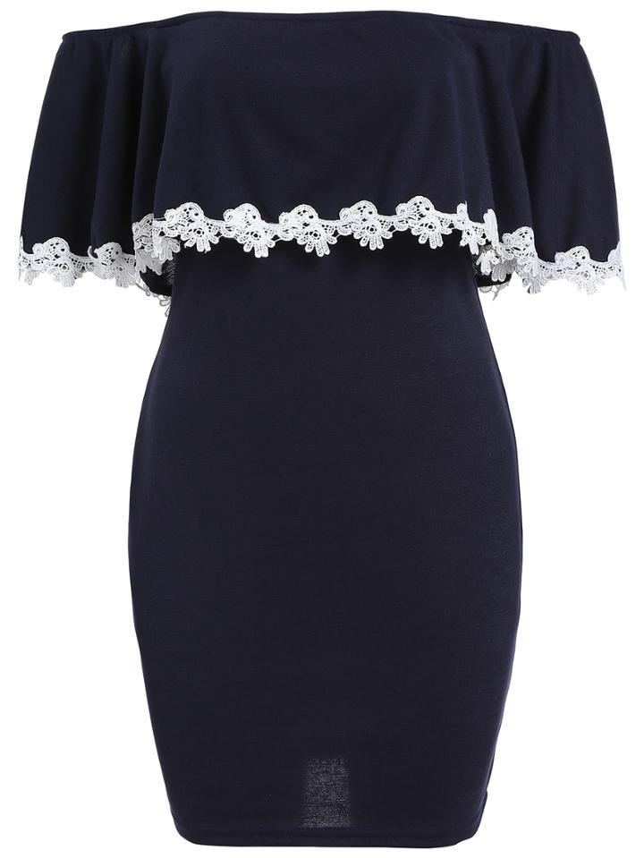 Shein Navy Off The Shoulder Ruffle Lace Dress