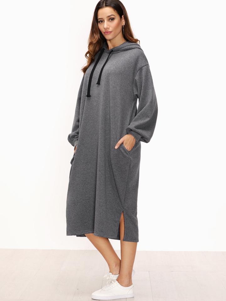 Shein Grey Split Side Drawstring Hooded Sweatshirt Dress