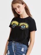 Shein Black Faux Fur Sequin Eyes Applique T-shirt