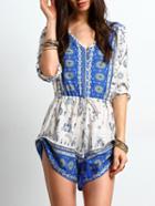 Shein Blue Apricot V Neck Drawstring Floral Jumpsuit