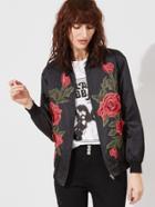 Shein Black Embroidered Rose Applique Zip Up Bomber Jacket