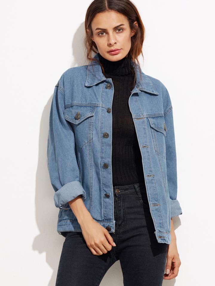 Shein Blue Button Front Pockets Denim Jacket