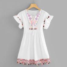 Shein Tassel Trim Embroidered Dress