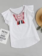 Shein Tassel Trim Embroidered Yoke Flutter Sleeve Top