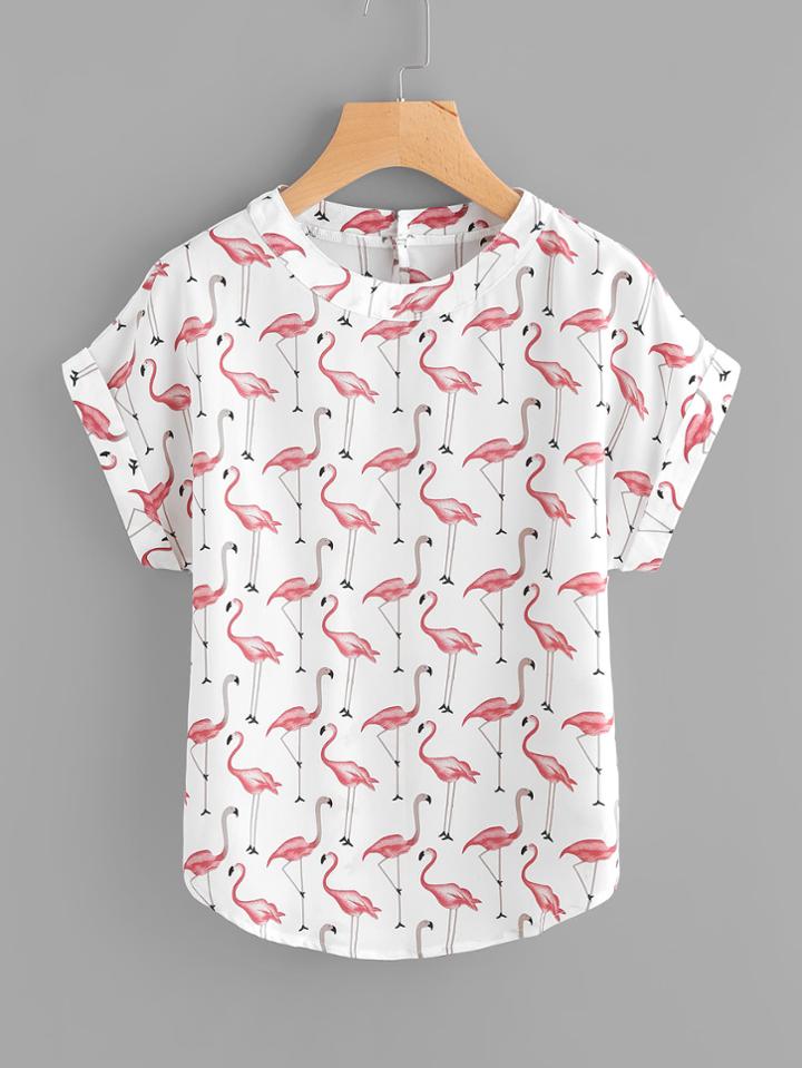 Shein All Over Flamingo Print Curved Hem Cuffed Blouse