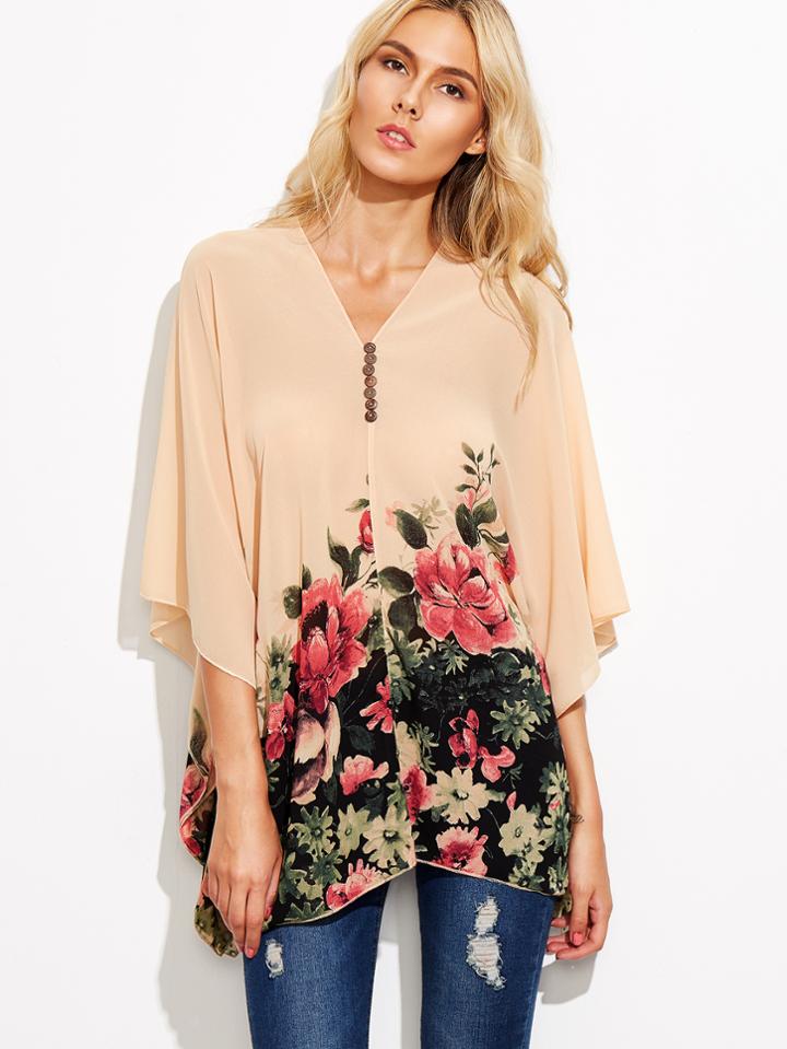Shein Apricot Flower Print V Neck Button Chiffon Blouse