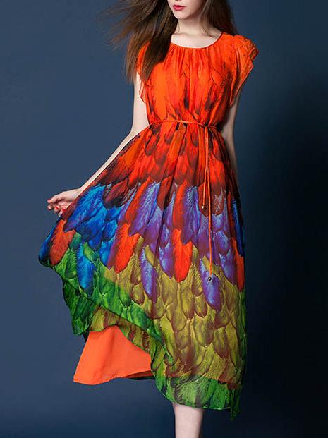 Shein Red Tie-waist Print A-line Dress
