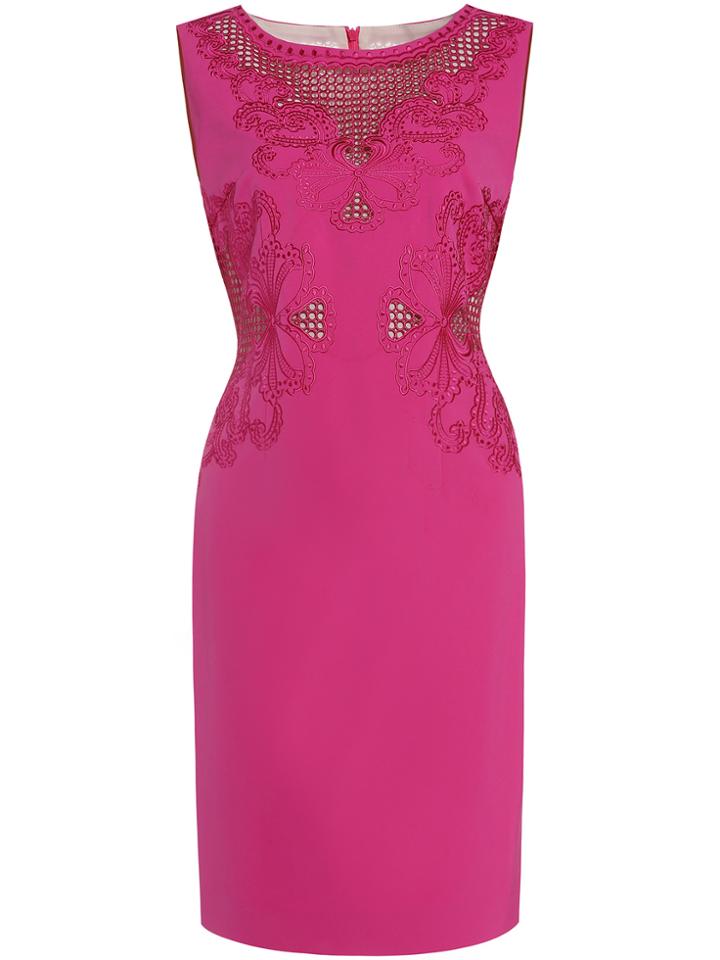 Shein Hot Pink Crew Neck Embroidered Mesh Sheath Dress