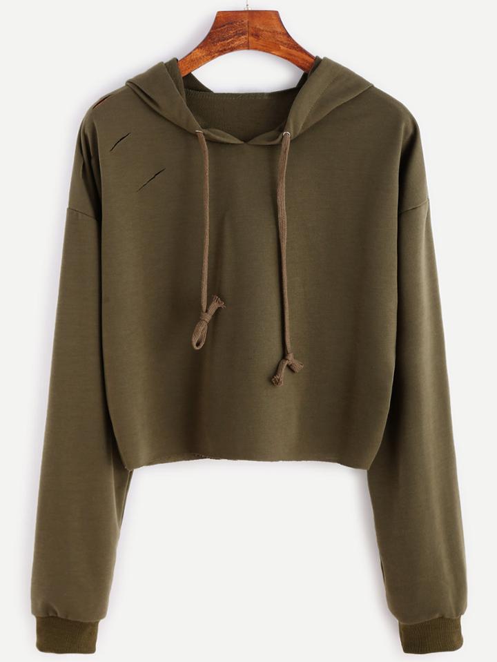 Shein Khaki Drop Shoulder Ripped Drawstring Hooded Sweatshirt
