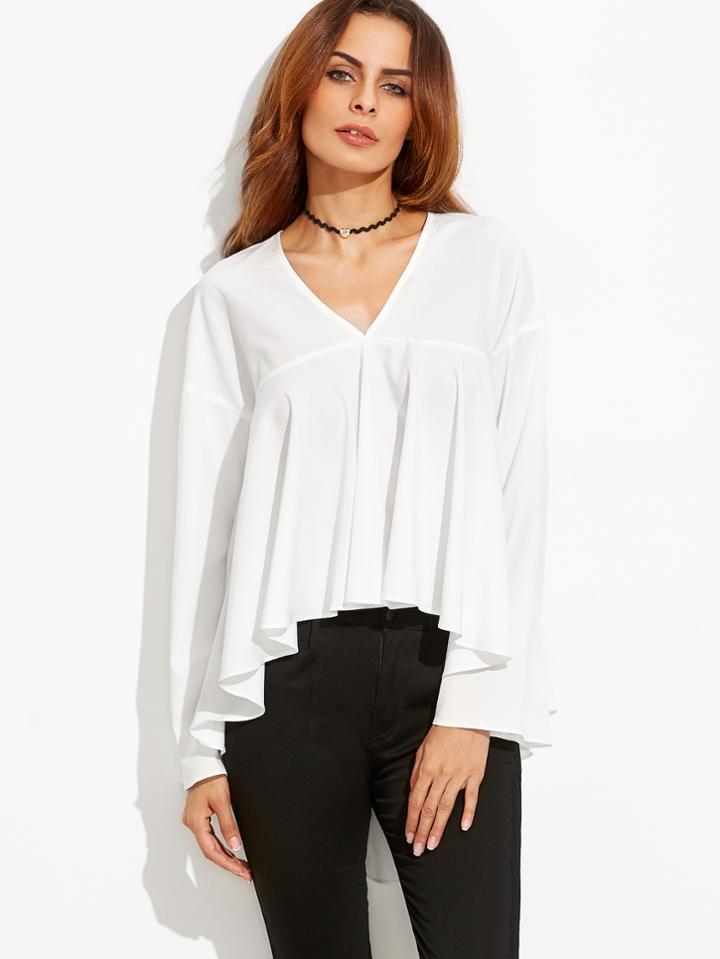 Shein White Drop Shoulder High Low Ruffle Babydoll Blouse