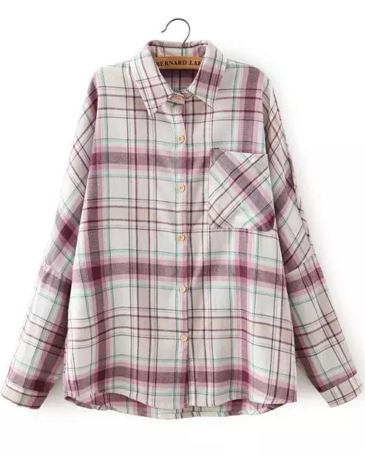 Shein Red Lapel Plaid Pocket Loose Blouse