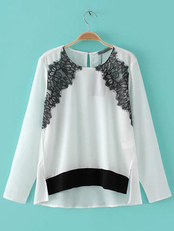 Shein White High Low Split Side Key-hole Lace Blouse
