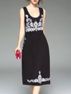 Shein Black U Neck Flowers Embroidered Dress