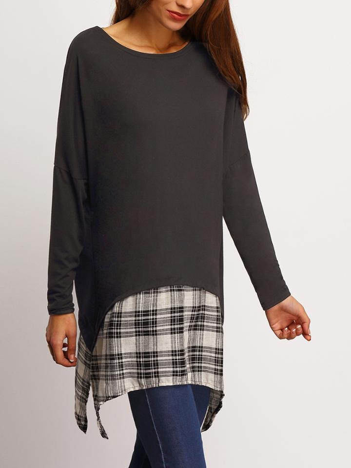 Shein Black Dropped Shoulder Seam Contrast Plaid Asymmetrical T-shirt