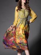 Shein Yellow Round Neck Tie Long Sleeve Floral Print Dress