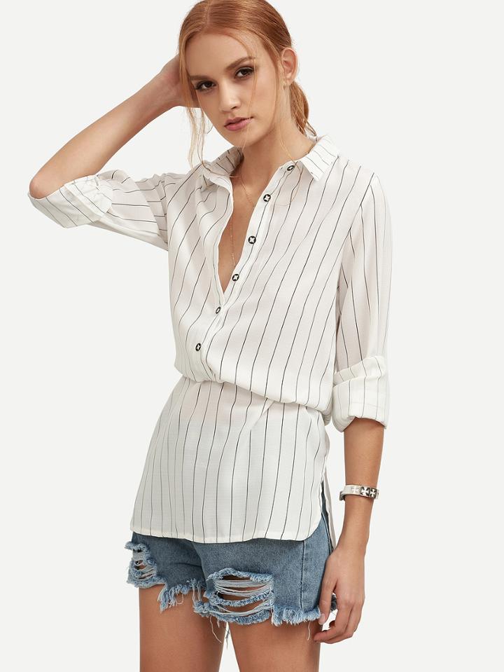 Shein White Striped High Low Chiffon Shirt Dress