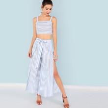Shein Striped Print Crop Top & Wide Leg Pants Set
