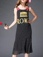 Shein Black Strap Applique Pouf Polka Dot Dress