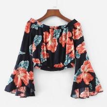 Shein Bardot Flounce Sleeve Florals Top
