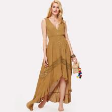 Shein Shirred Waist Lace Panel Button Up Asymmetric Dress