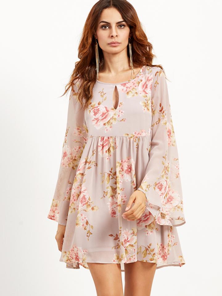 Shein Pink Rose Print Keyhole Bell Sleeve Babydoll Dress