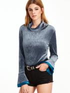 Shein Blue Cowl Neck Bell Sleeve Contrast Cuff Velvet T-shirt