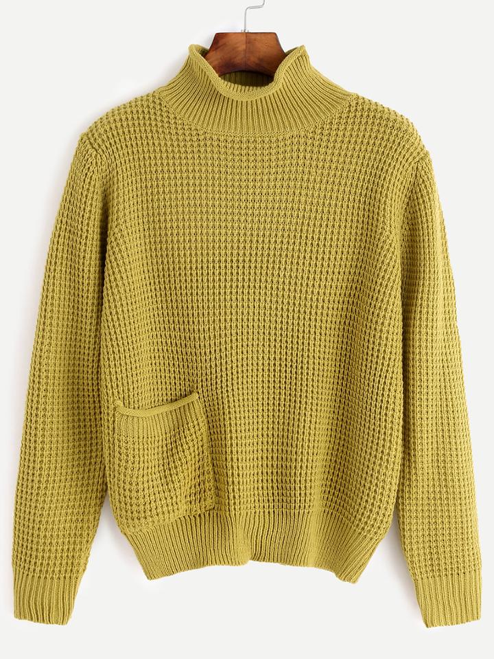 Shein Yellow Waffle Knit Sweater With Pocket