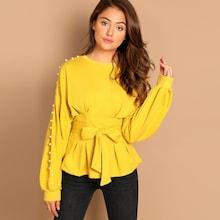 Shein Pearl Beading Detail Belted Pullover
