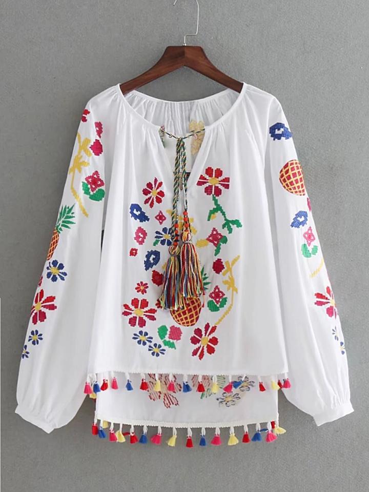 Shein Lantern Sleeve Embroidery Tassel Tie Top
