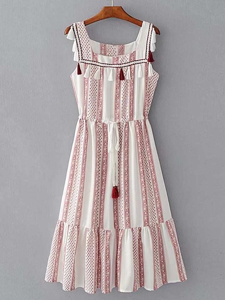 Shein Square Neck Drawstring Waist Dress With Fringe