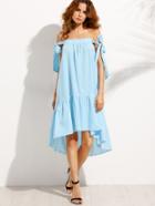 Shein Blue Striped Bow Off The Shoulder High Low Dress