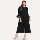 Shein Plus Scallop Edge Laser Cut Top And Pants Set