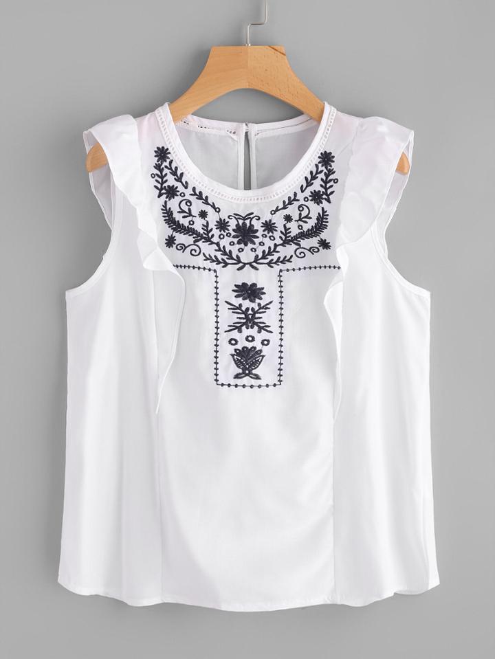 Shein Frill Trim Embroidered Sleeveless Top