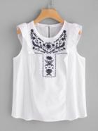 Shein Frill Trim Embroidered Sleeveless Top