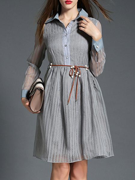Shein Grey Lapel Sheer Tie-waist Dress