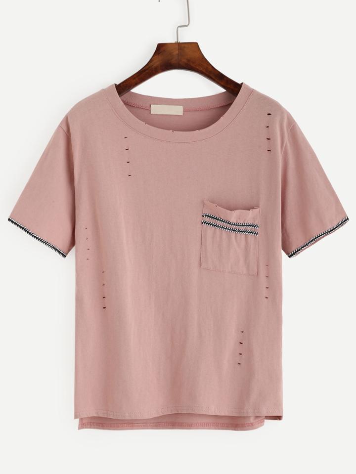 Shein Pink Distressed Embroidered Tape Detail T-shirt