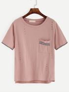 Shein Pink Distressed Embroidered Tape Detail T-shirt