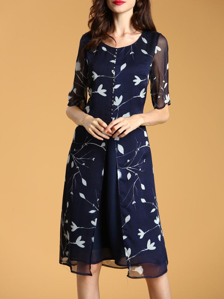 Shein Leaves Print Beading Dress