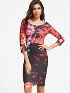 Shein Multicolor Flower Print Boat Neck Bodycon Dress