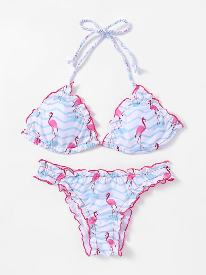 Shein Flamingo Print Lettuce Edge Bikini Set