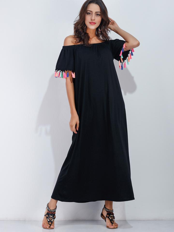 Shein Off Shoulder Tassel Trim Beach Dress